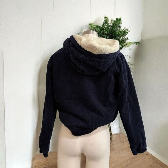 Forever 21 Corduroy Blue Navy Cream Bomber Aviator Sherpa Shearling Coat Jacket - Picture 2 of 6